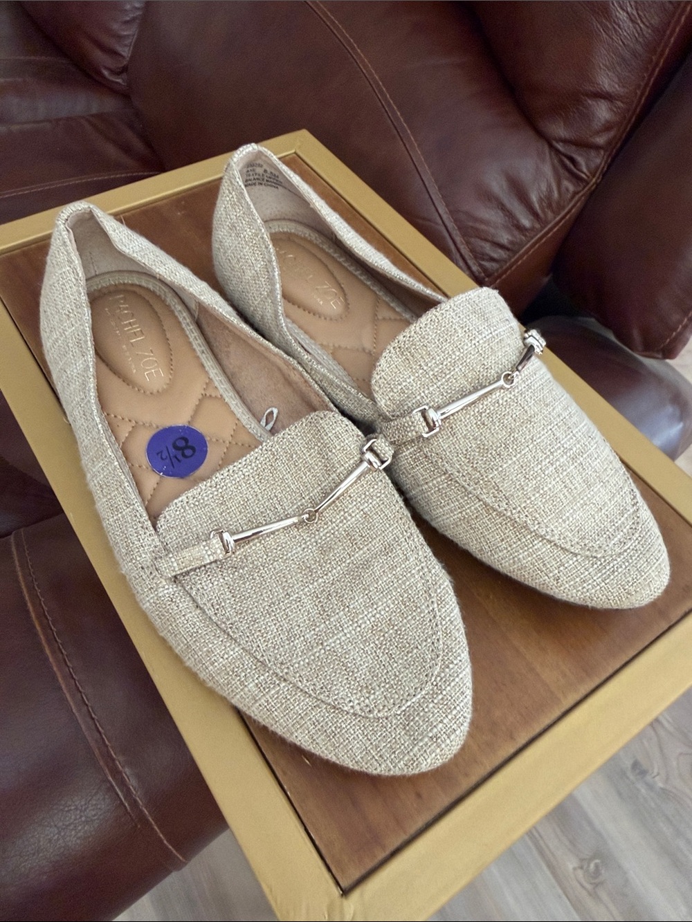 Rachel Zoe Natural Beige Textured Slip-On Loafers with Metal Bit